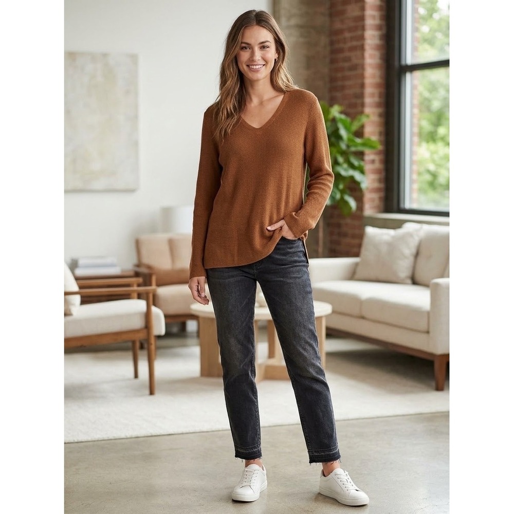 J. Jill Brown Ribbed V-Neck Cotton Blend Sweater Large SSW166731
